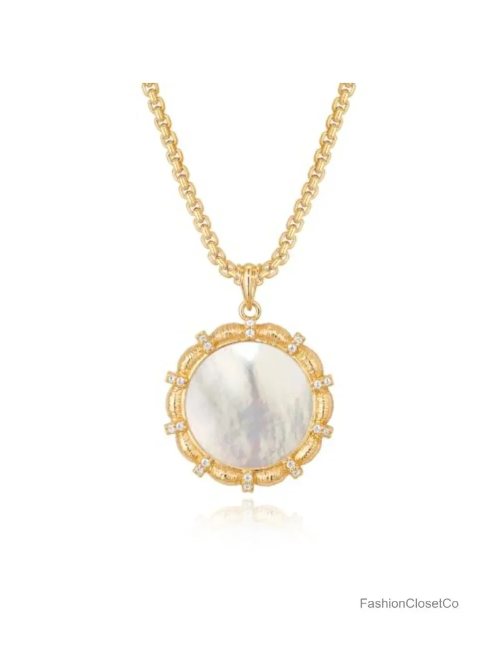 Mother of Pearl Pendant Necklace, 14K Gold Plated Brass, Floral, Sunburst